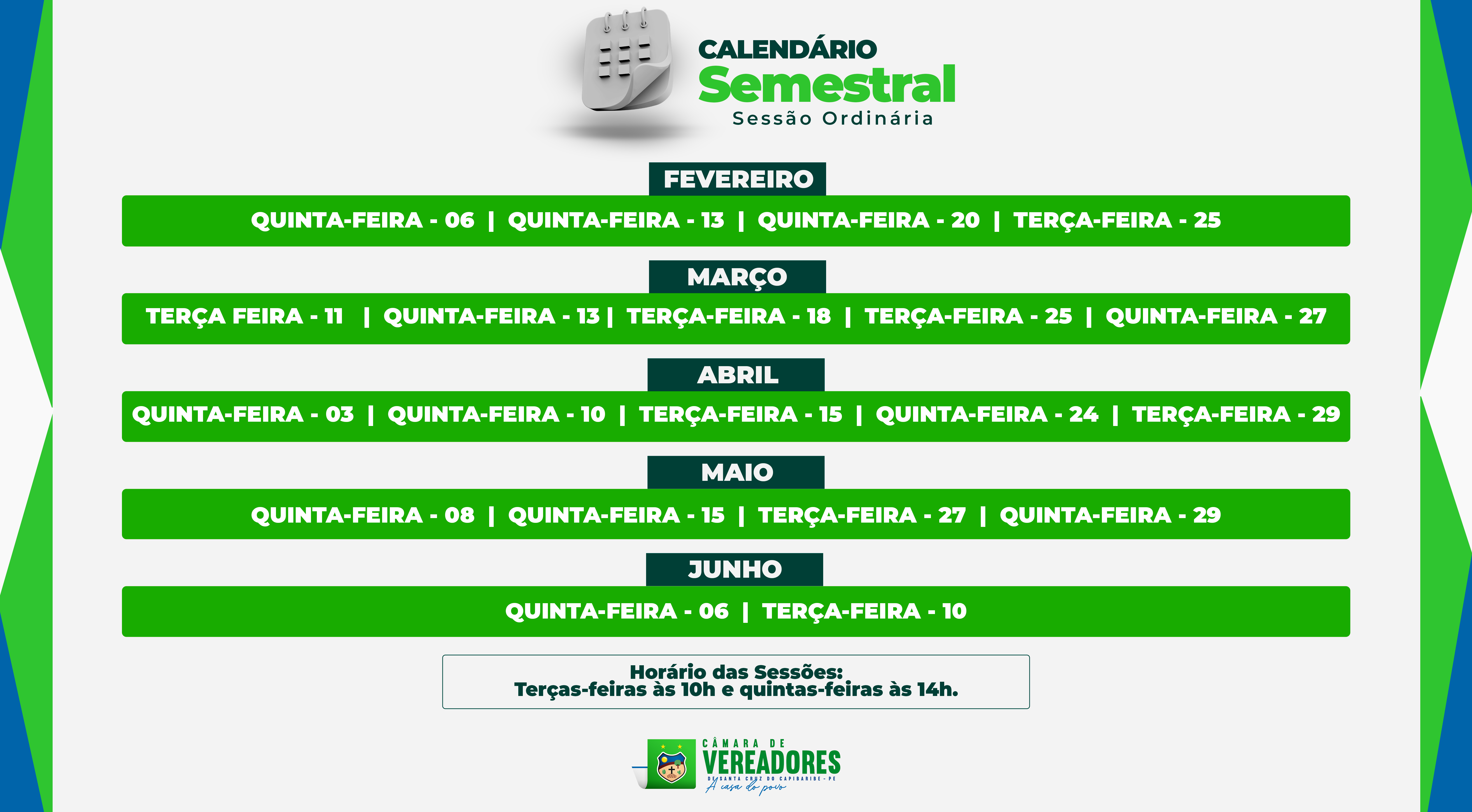 Câmara de Vereadores divulga o calendário semestral de Sessões Ordinárias